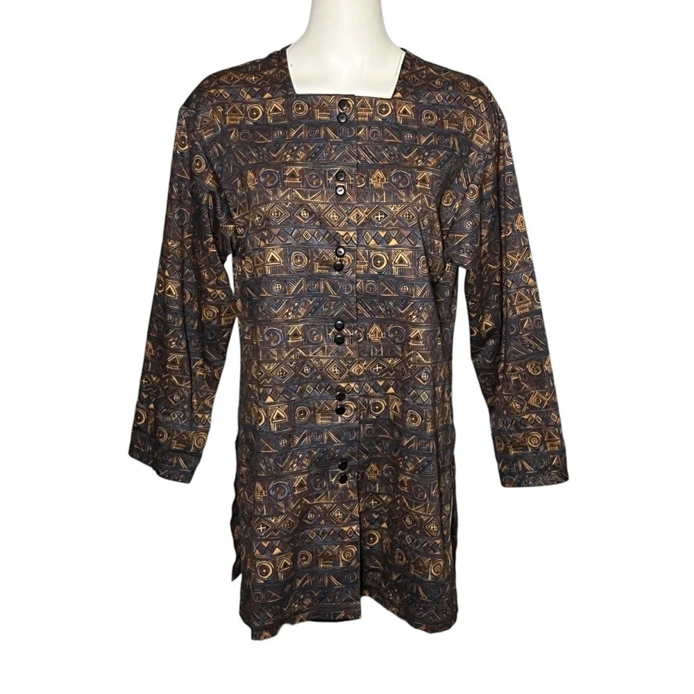 Peruvian Connection Aztec Tribal Print Pima Cotton Long Tunic Top Shirt Jacket S